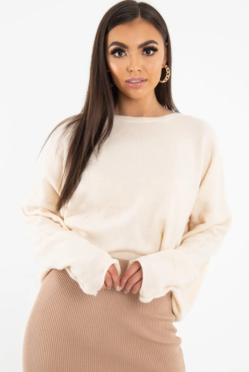 Beige Soft Knit Asymmetric Hem Jumper - Francia