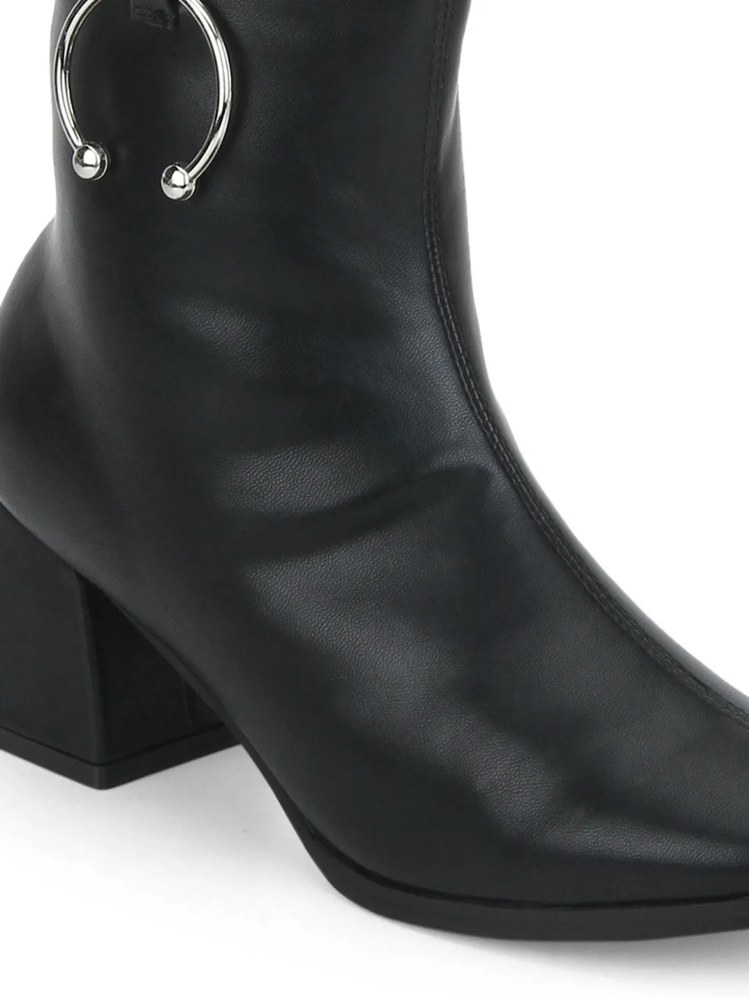 Black PU Round Buckle Block Heel Ankle Boots