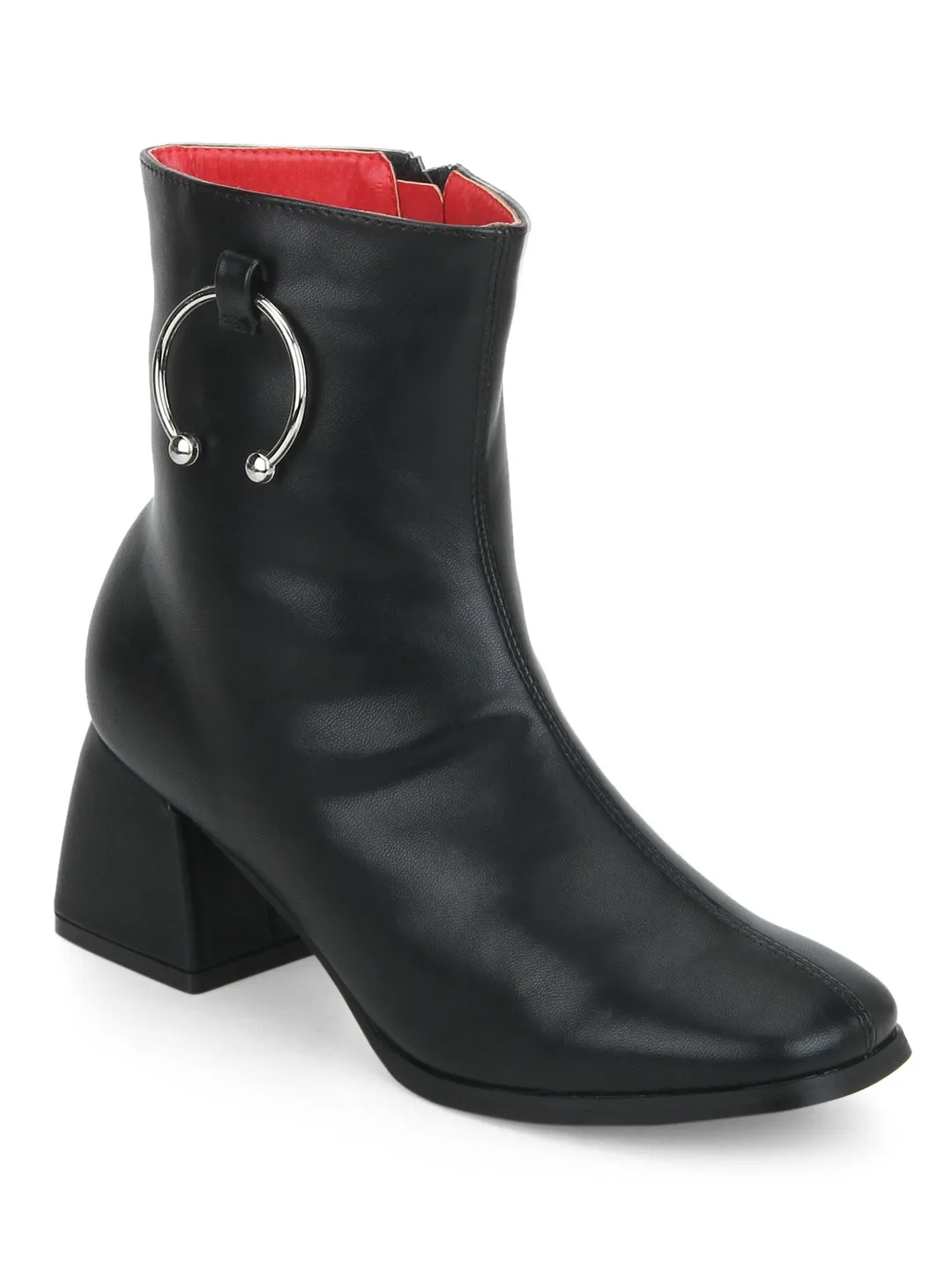 Black PU Round Buckle Block Heel Ankle Boots