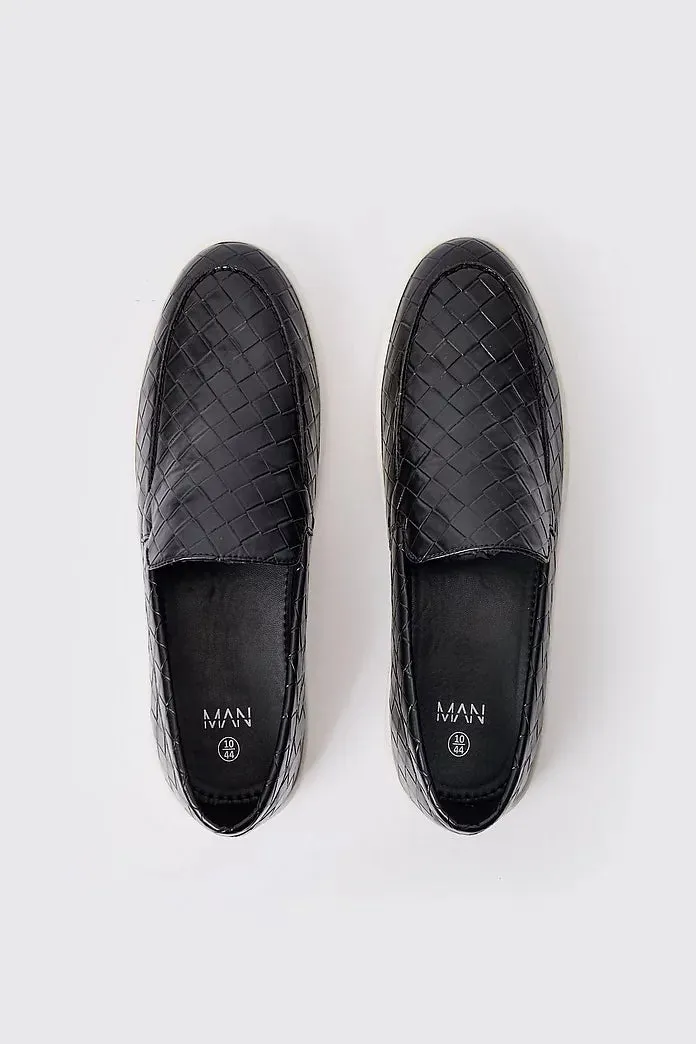 Boohoo Black Woven Faux Leather Slip On Mens Loafer