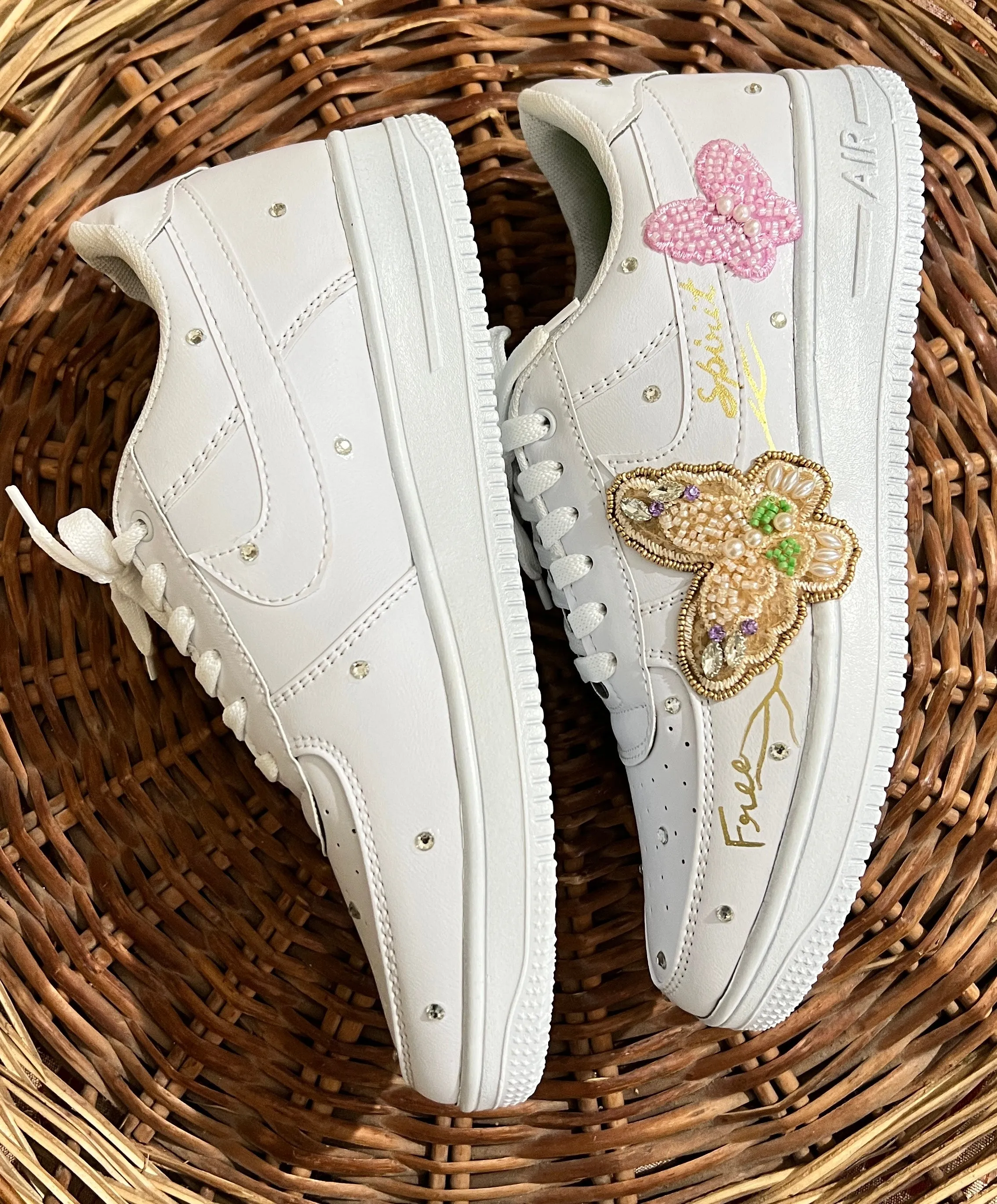 FUNKY N TRENDY butterfly embroidery sneakers for brides /white gold embroidered sneakers/ handcrafted sneakers/ butterfly sneakers / bridal sneakers / bridesmaid sneakers/ white sneakers