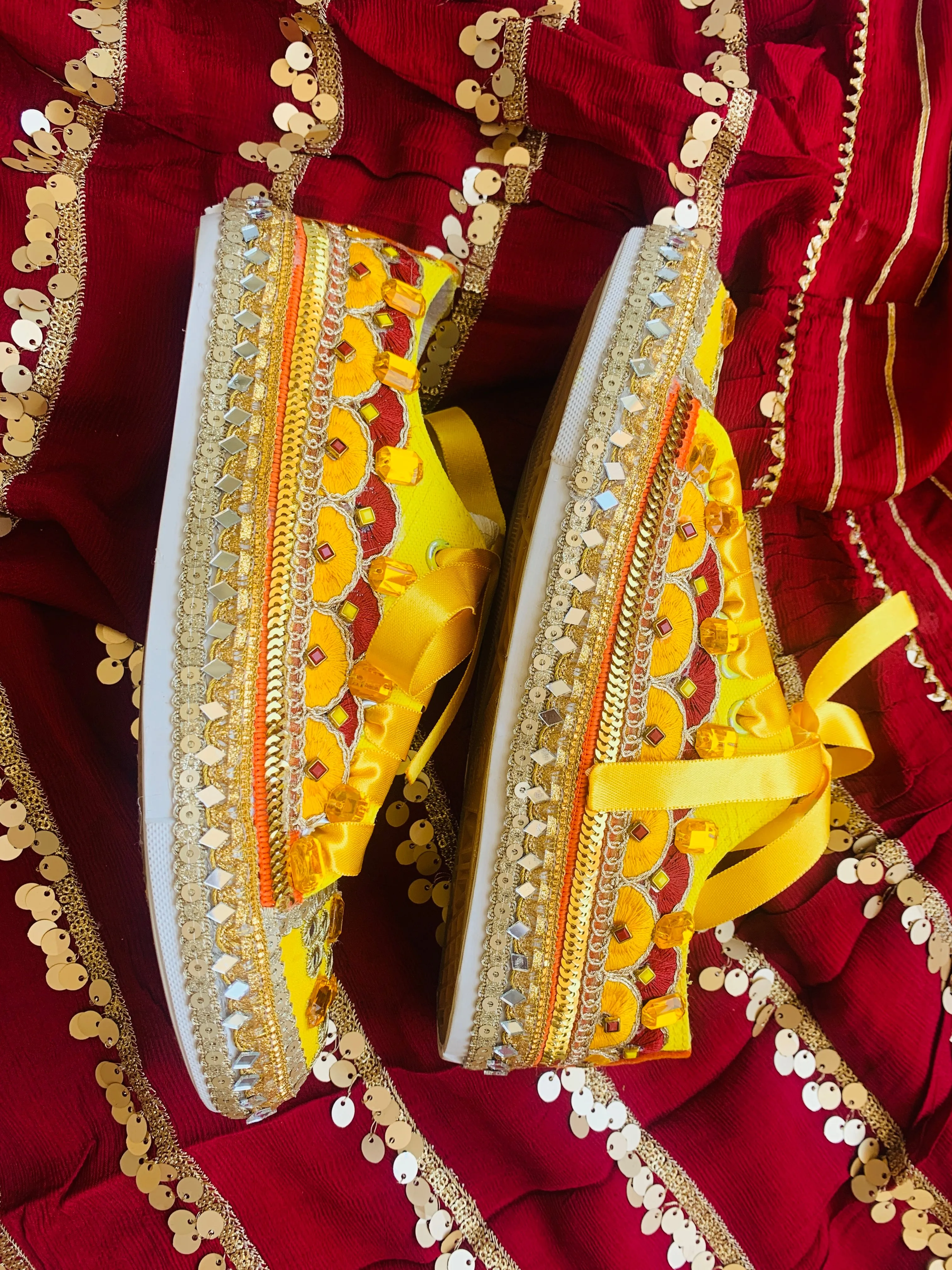 Funky N Trendy hand crafted yellow and maroon hand work bridal sneakers/ bridesmaid sneaker / yellow sneakers/ yellow shoes for haldi ceremony