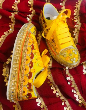 Funky N Trendy hand crafted yellow and maroon hand work bridal sneakers/ bridesmaid sneaker / yellow sneakers/ yellow shoes for haldi ceremony