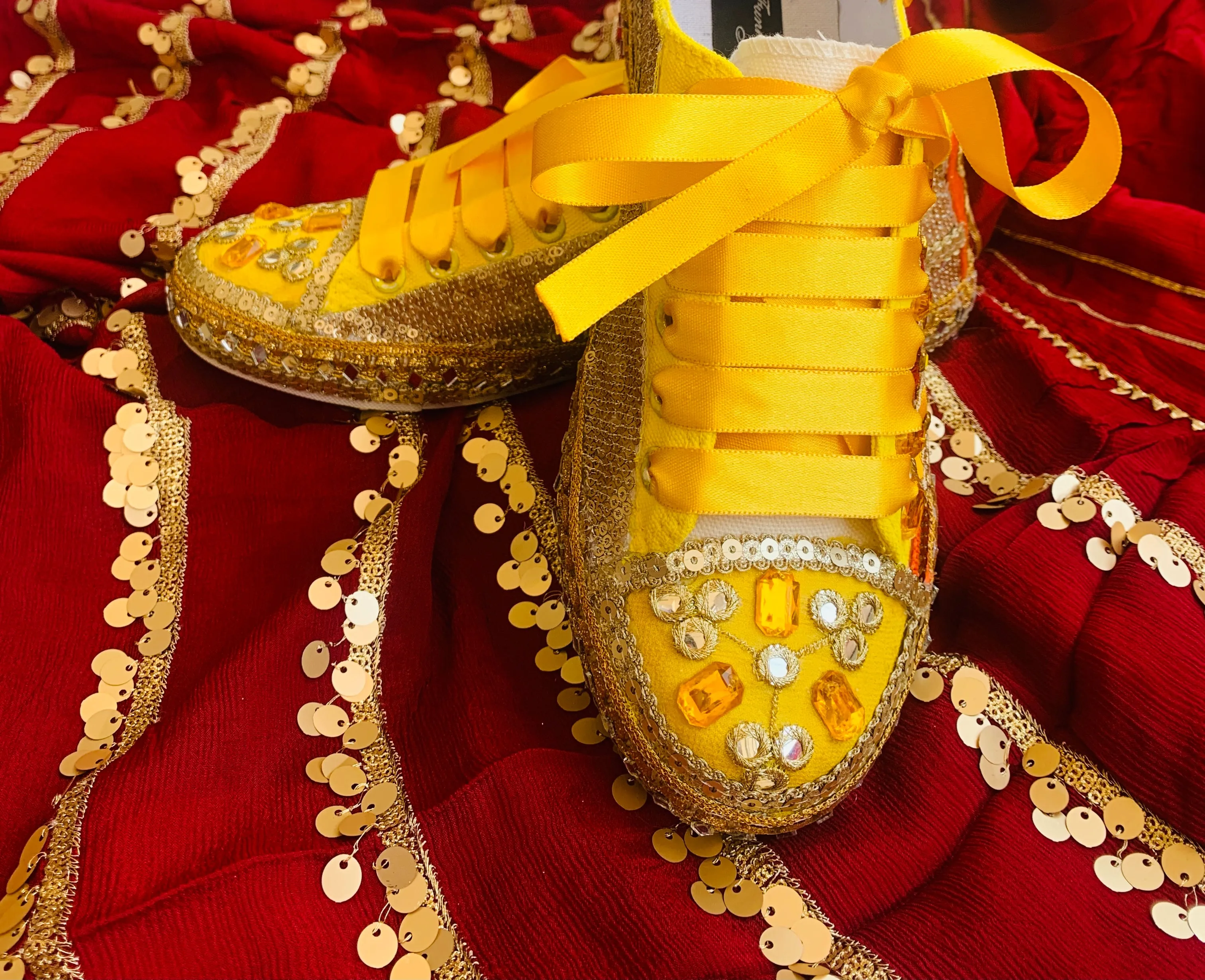 Funky N Trendy hand crafted yellow and maroon hand work bridal sneakers/ bridesmaid sneaker / yellow sneakers/ yellow shoes for haldi ceremony