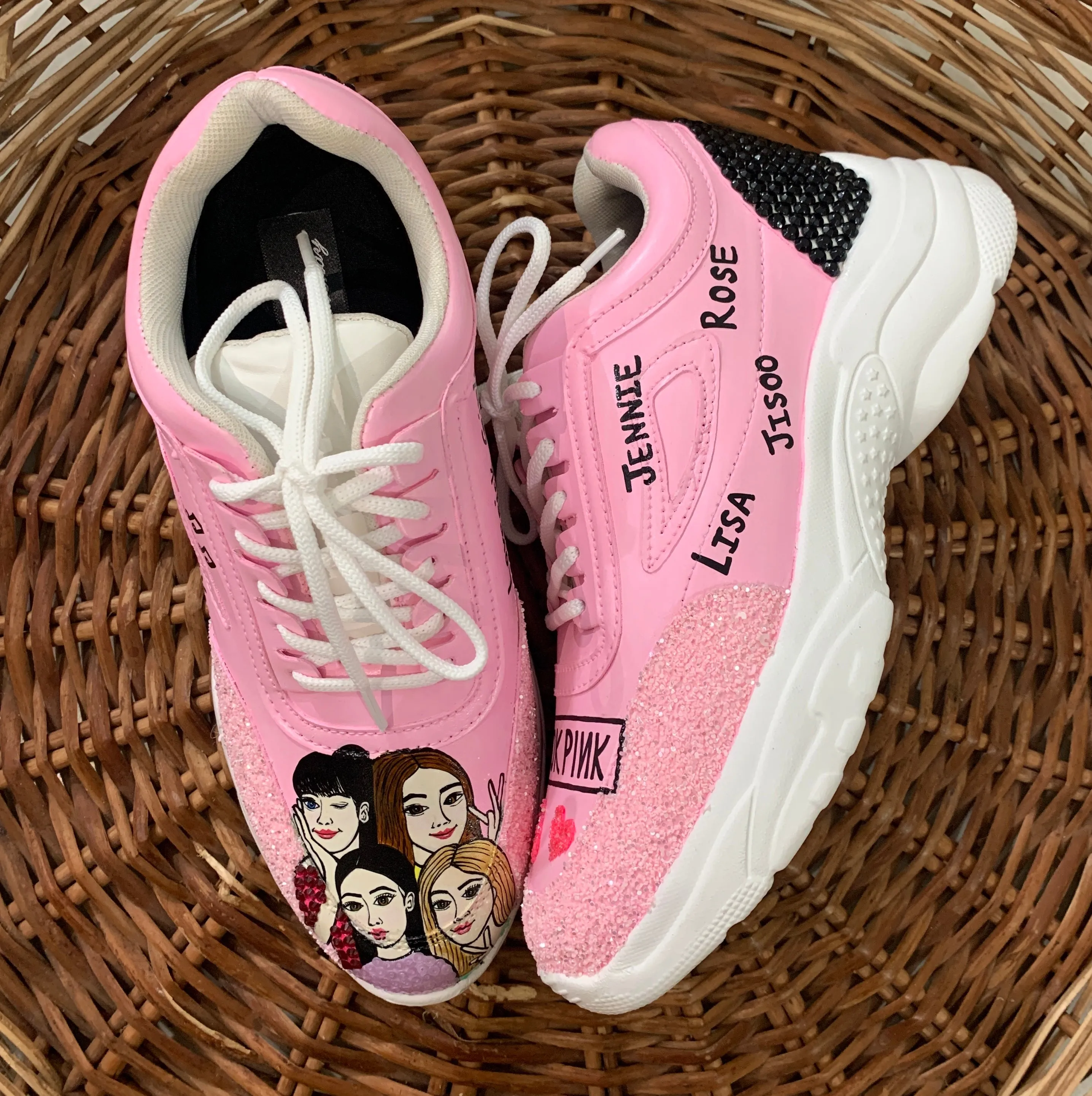 Funky N Trendy hand painted water resistant Black Pink theme pink sneakers/ rhinestone sneakers / pink shoes