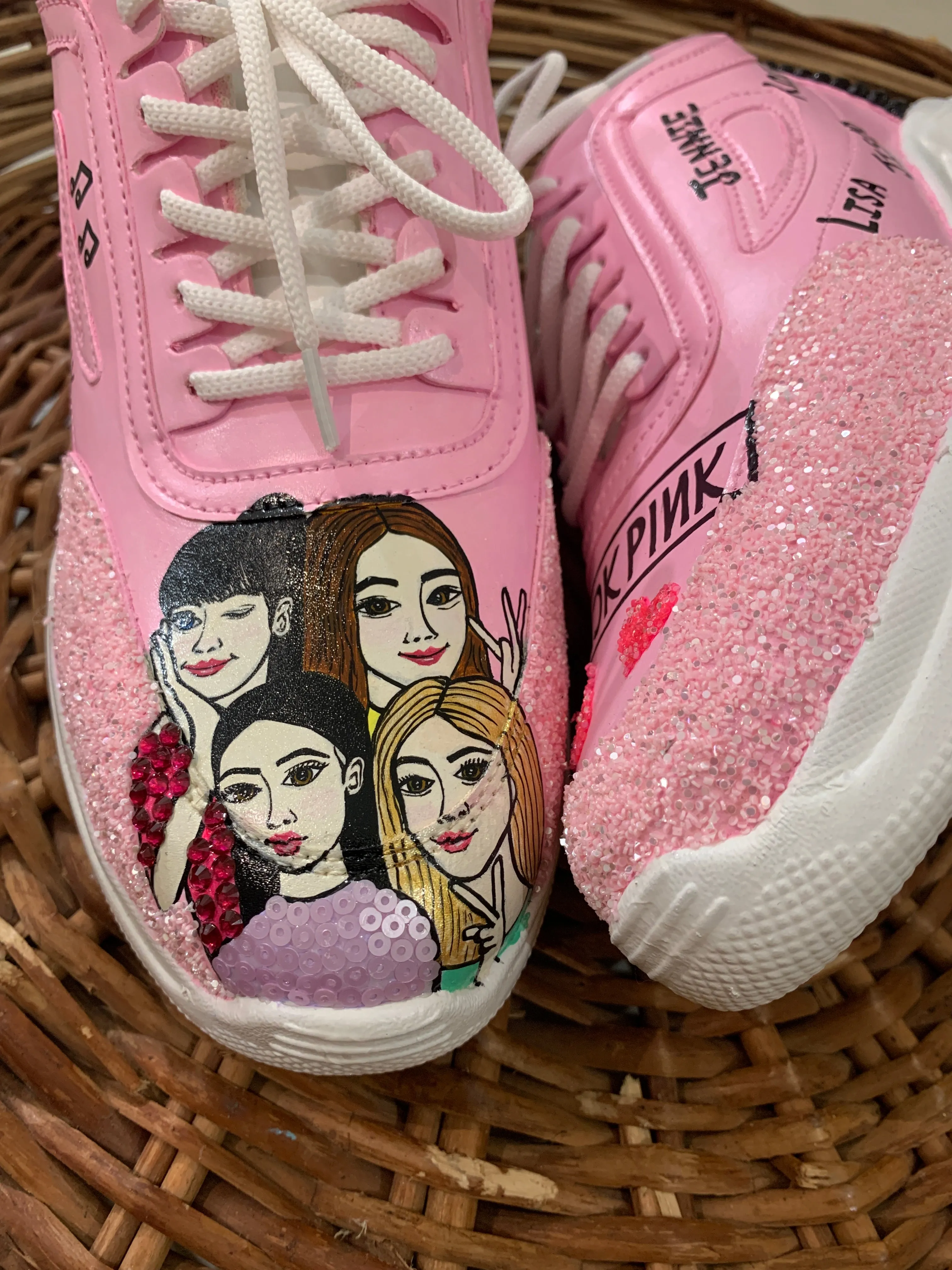 Funky N Trendy hand painted water resistant Black Pink theme pink sneakers/ rhinestone sneakers / pink shoes