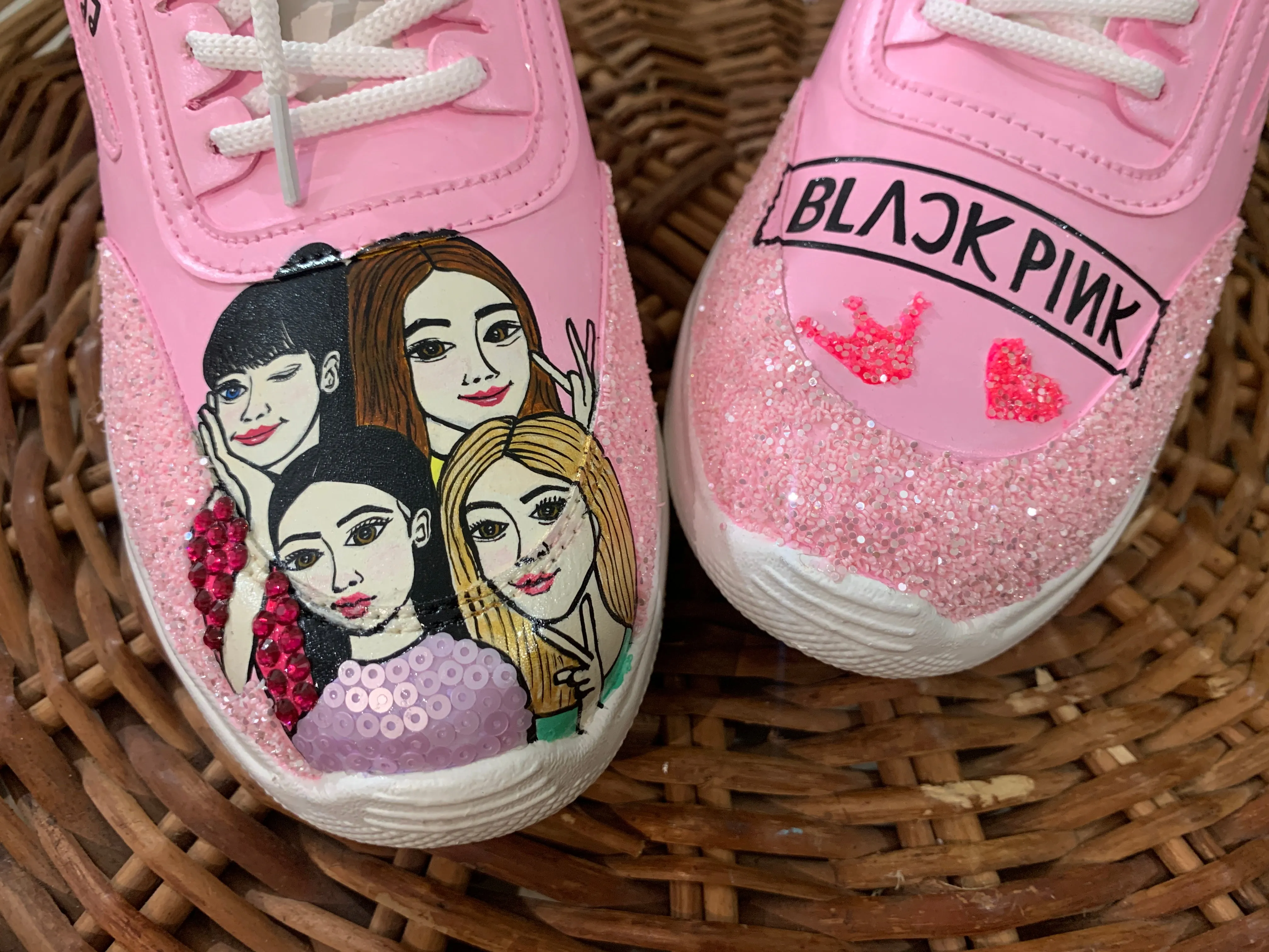 Funky N Trendy hand painted water resistant Black Pink theme pink sneakers/ rhinestone sneakers / pink shoes