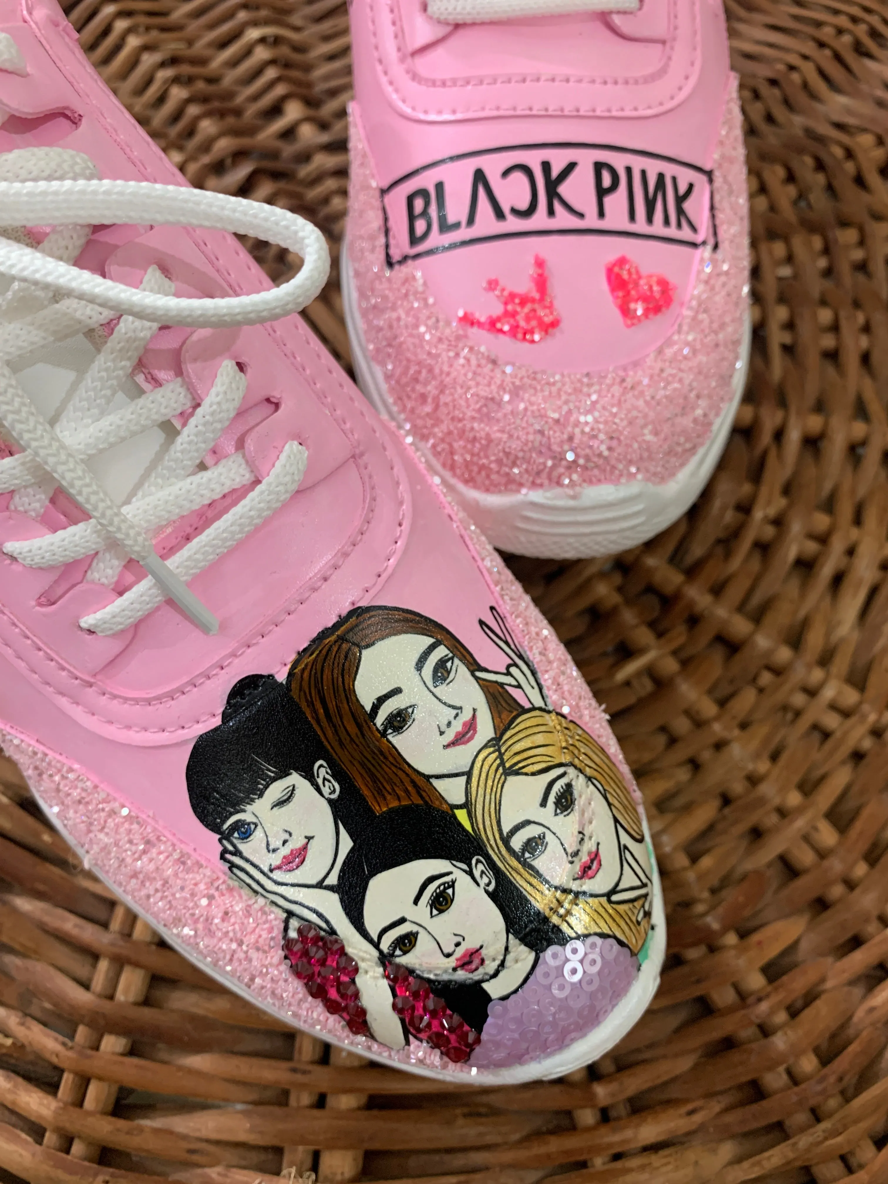 Funky N Trendy hand painted water resistant Black Pink theme pink sneakers/ rhinestone sneakers / pink shoes