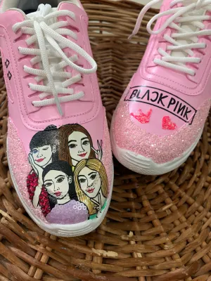 Funky N Trendy hand painted water resistant Black Pink theme pink sneakers/ rhinestone sneakers / pink shoes