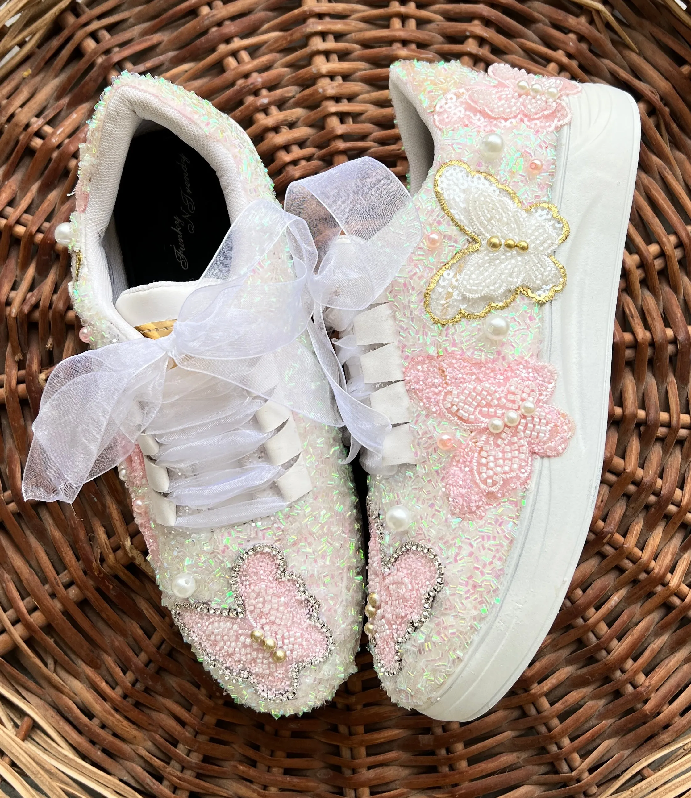 FUNKY N TRENDY pink white butterfly sneakers/ hand work sneakers for brides / bridesmaids/ pink shoes / pink sneakers