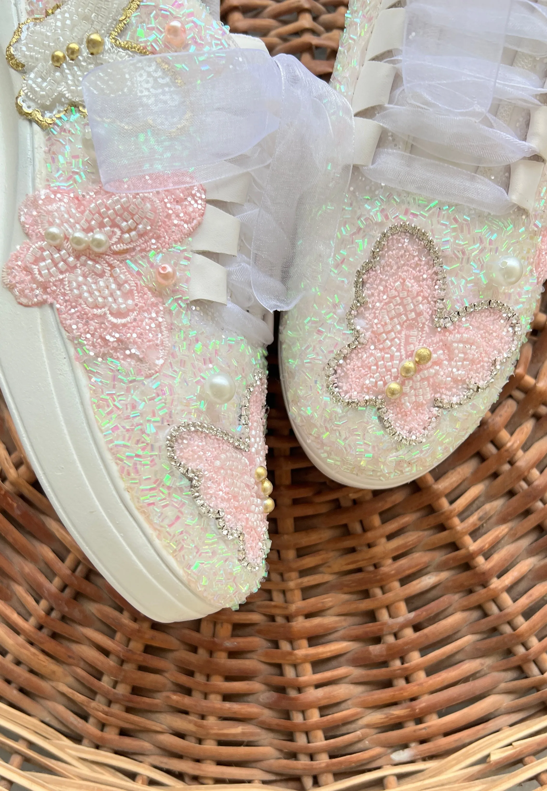 FUNKY N TRENDY pink white butterfly sneakers/ hand work sneakers for brides / bridesmaids/ pink shoes / pink sneakers