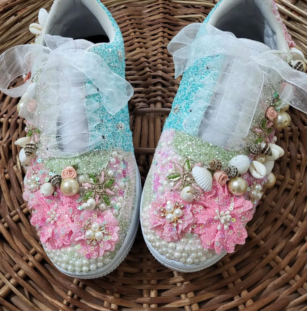 FUNKY N TRENDY pink/white floral butterfly theme sneakers with shells pearls detailing for brides / bridesmaids / bridal sneakers / bridesmaid sneakers / bridal shoes/ pink and blue shoes