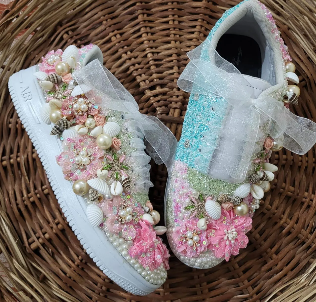 FUNKY N TRENDY pink/white floral butterfly theme sneakers with shells pearls detailing for brides / bridesmaids / bridal sneakers / bridesmaid sneakers / bridal shoes/ pink and blue shoes