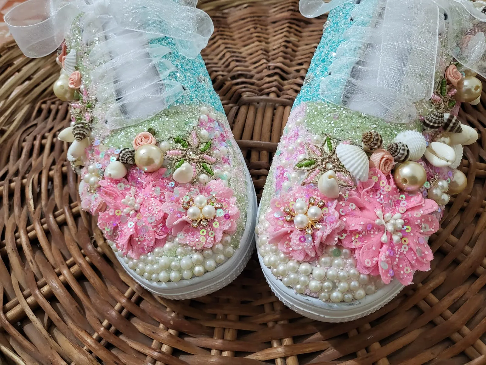 FUNKY N TRENDY pink/white floral butterfly theme sneakers with shells pearls detailing for brides / bridesmaids / bridal sneakers / bridesmaid sneakers / bridal shoes/ pink and blue shoes