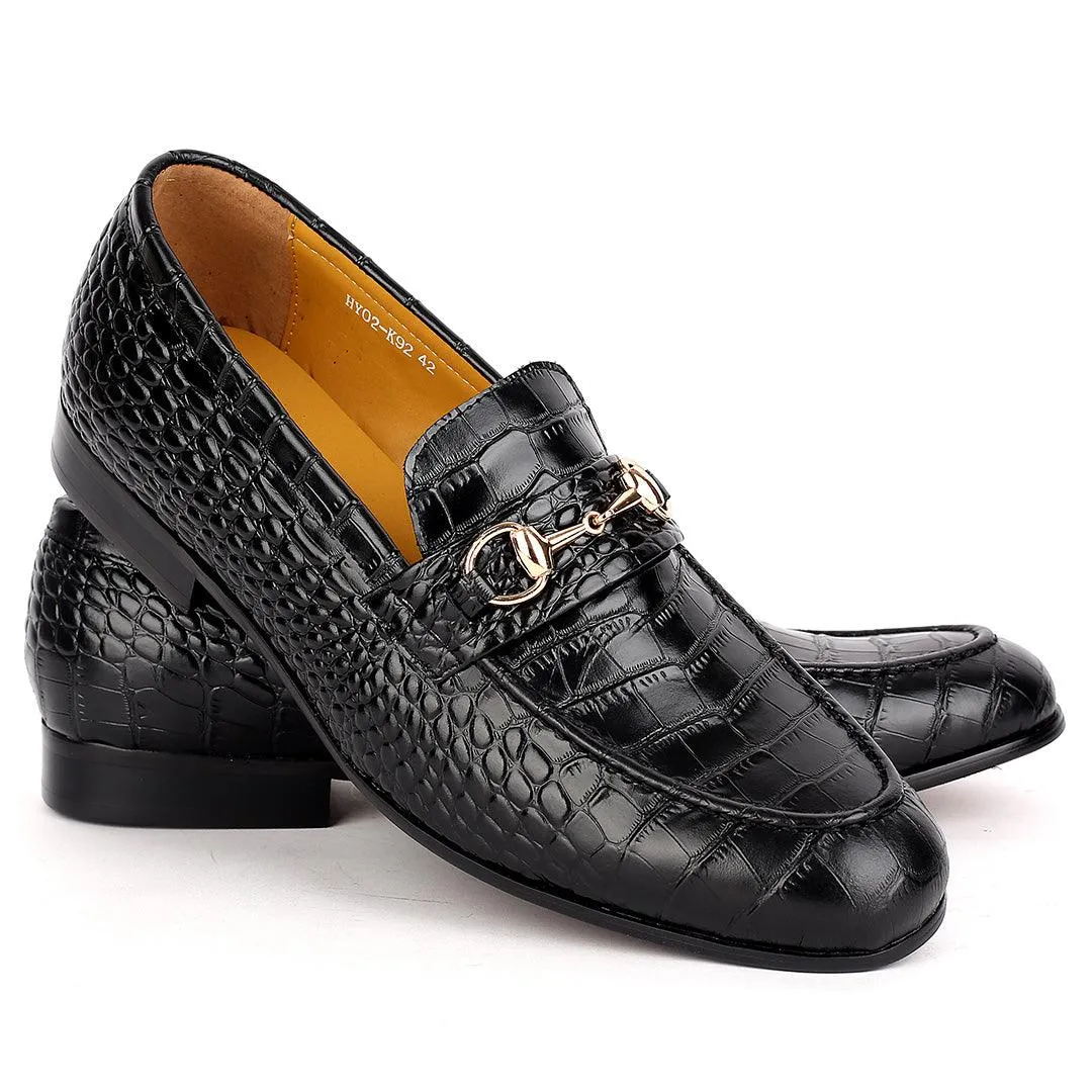 J.M Weston Classy Black Croc Leather Shoe With Gold Chain Design