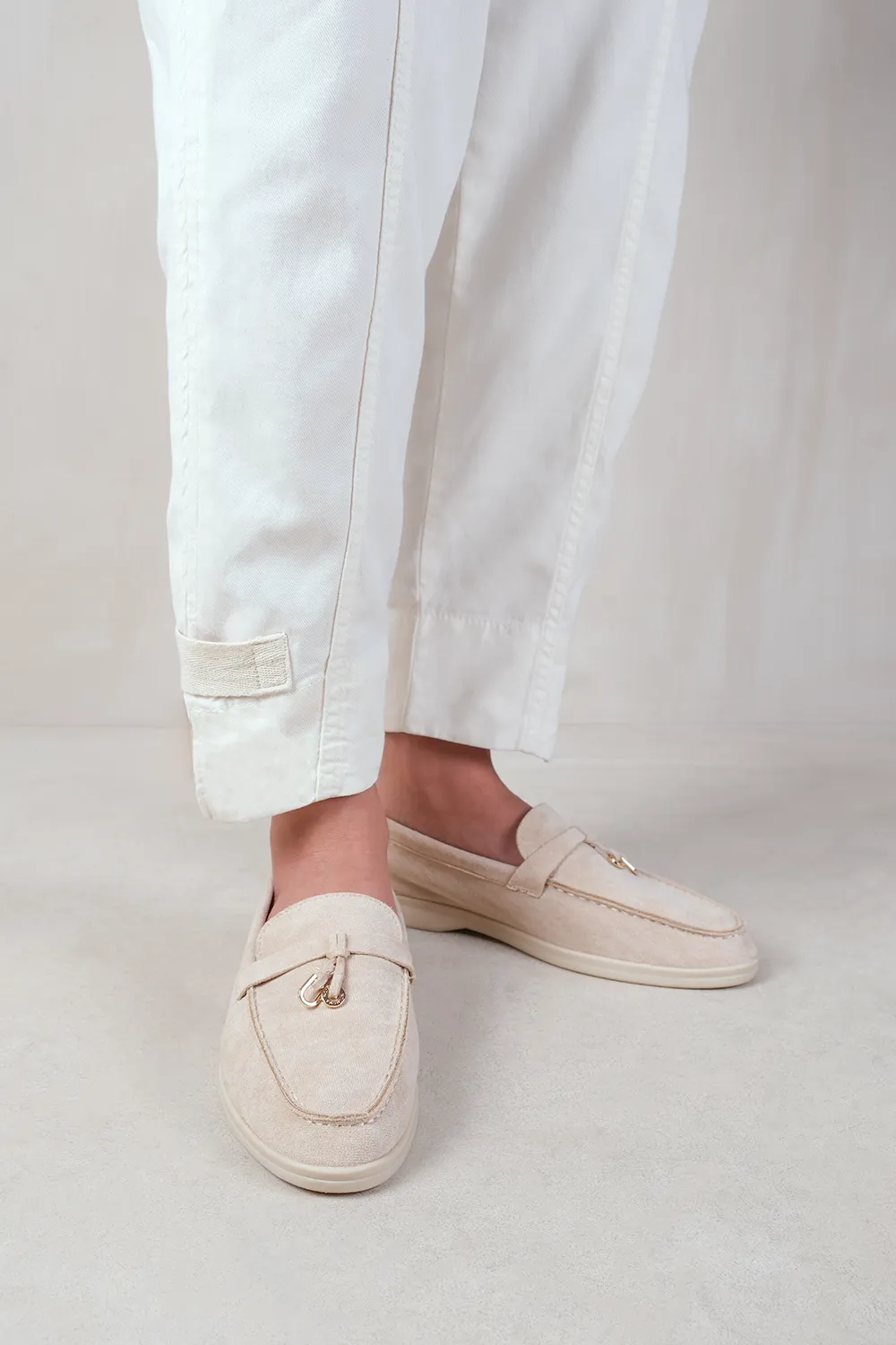 PEGASUS WIDE FIT SLIP ON TRIM LOAFERS WITH ACCESSORY DETAILING IN BEIGE SUEDE