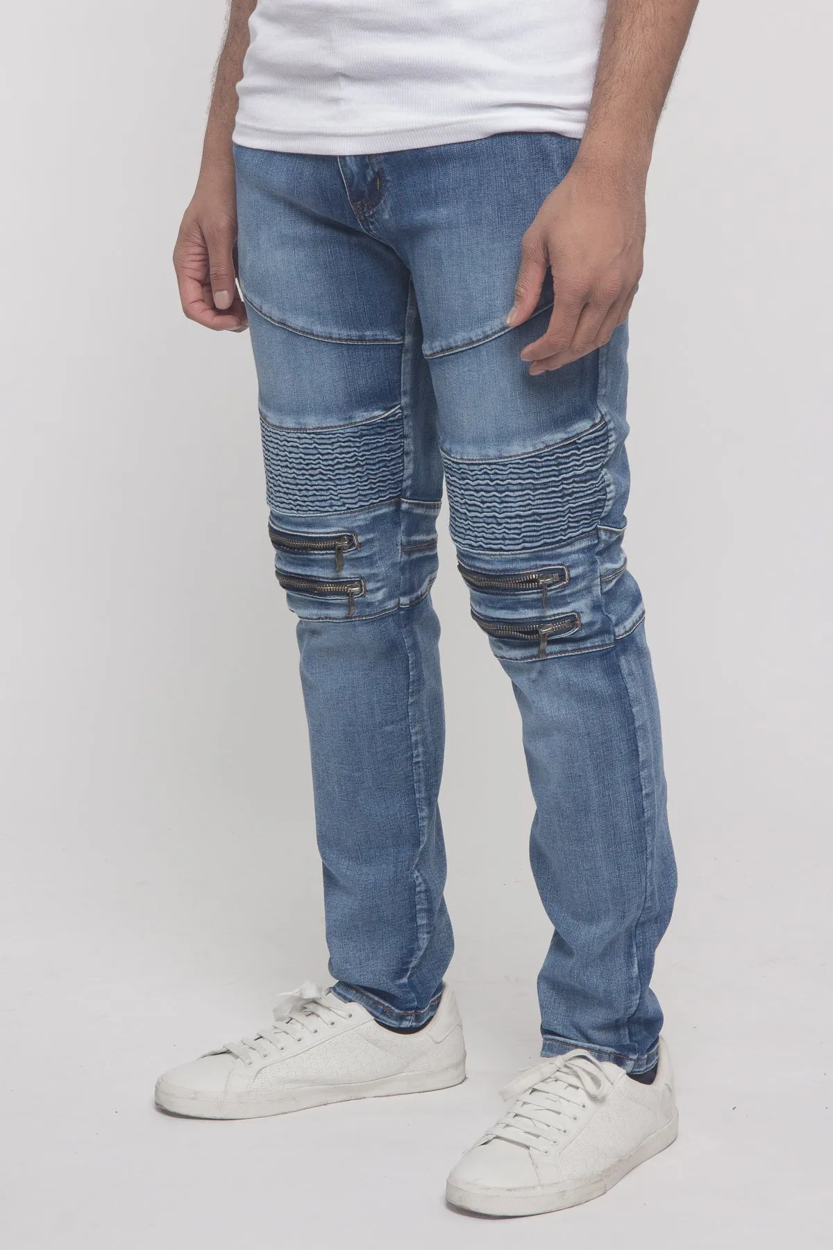 Scrunched Zipper Moto Biker Denim Jeans