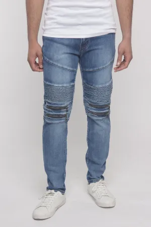 Scrunched Zipper Moto Biker Denim Jeans