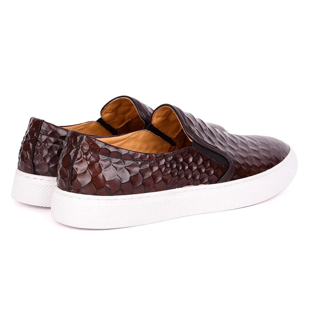 Terry Taylors Crocodile Skin Leather With White Sole Men's Sneaker Shoe- Coffee